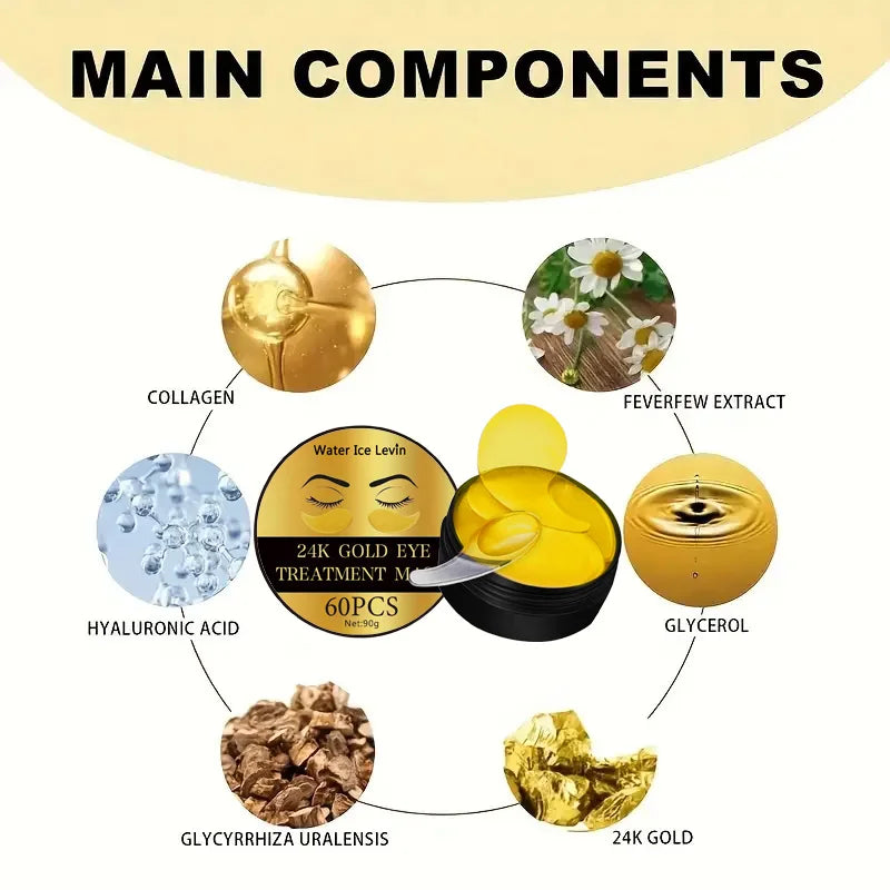 Mascarilla hidratante para ojos de oro de 24 quilates, 60 uds., alivia la fatiga ocular y nutre las ojeras, mascarilla de cristal de colágeno para ojos