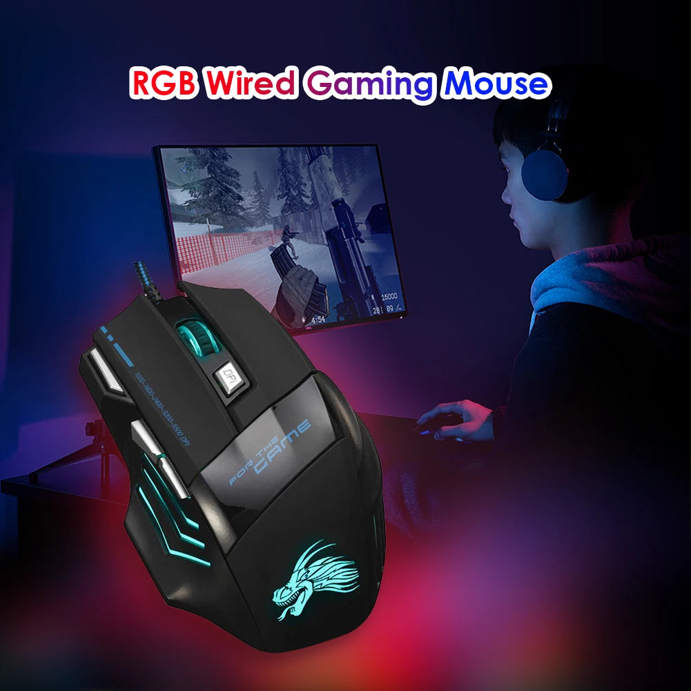 Ratón óptico con cable para juegos, periférico ergonómico retroiluminado con 7 botones, 5500 DPI, ajustable, para PC, ordenador de escritorio