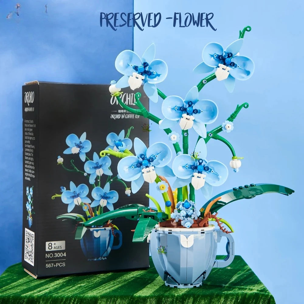 Taza de café de orquídeas y flores, bloques de construcción en maceta, ramo 3D, ladrillos MOC, juguetes de construcción, decoración de plantas de escritorio para el hogar DIY