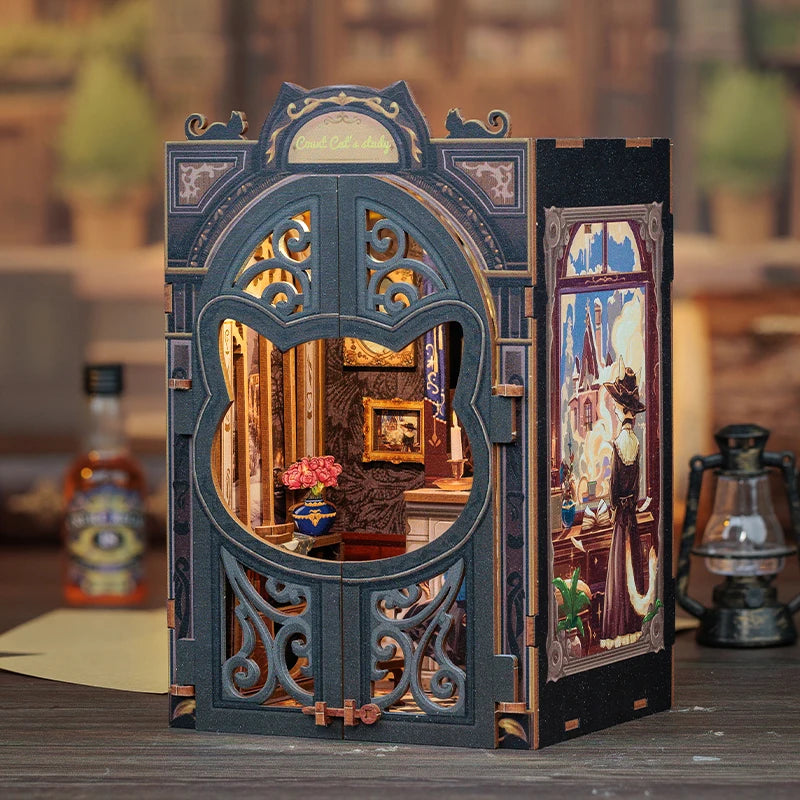 CUTEBEE-Kit de rincón de libros DIY, casa de muñecas en miniatura con inserto de estantería de madera ligera, decoración de librería Retro para regalos, serie de librería