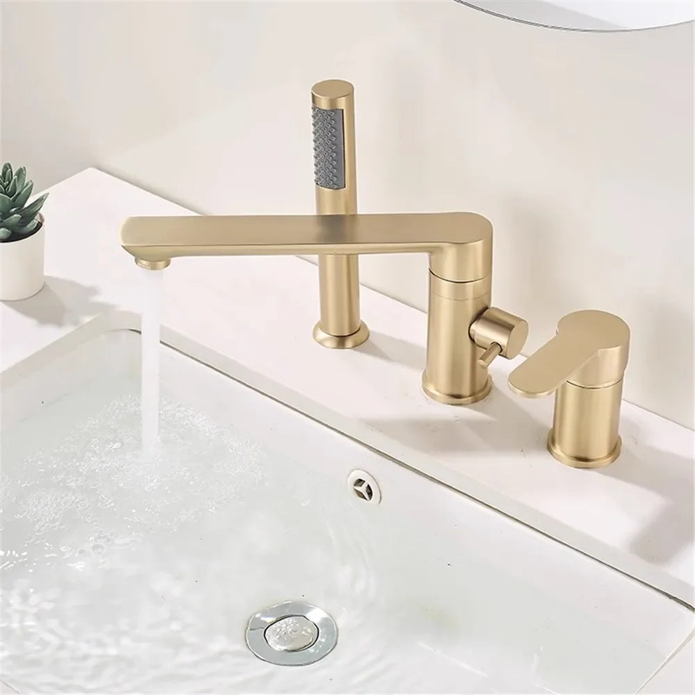 Grifo de bañera de Oro pulido, grifo mezclador de lavabo de bañera generalizado, grifo de ducha de baño de latón negro con cabezal de ducha de mano