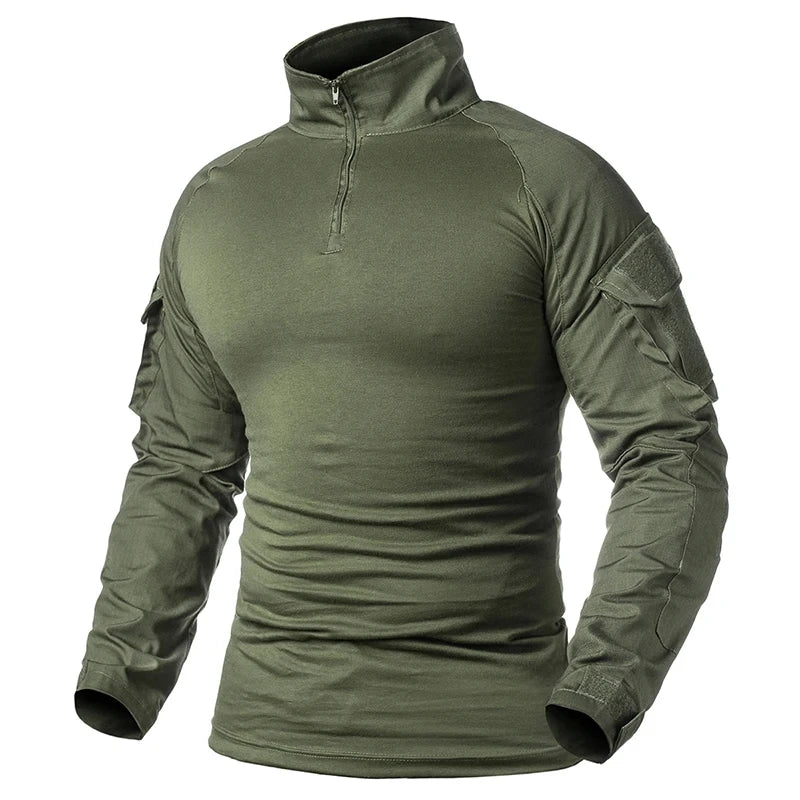 Camisas Tácticas de Manga Larga para Exteriores, Camisa de Combate con Cierre de 1/4, Algodón Ripstop Resistente al Desgaste, Camisetas de Camuflaje para Airsoft, Ropa Masculina