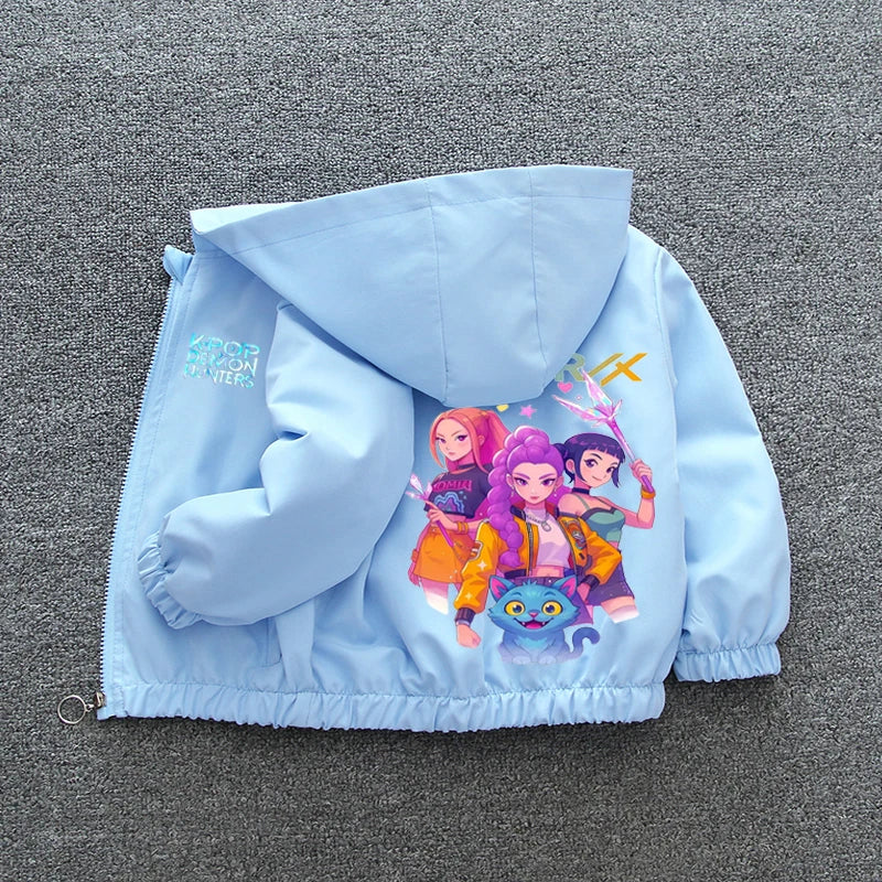 Chaqueta Cortavientos para Niñas Adolescentes K-pop Demon Hunters 2026 Primavera Otoño, Chaqueta con Capucha Estampada de Dibujos Animados, Ropa Exterior Impermeable