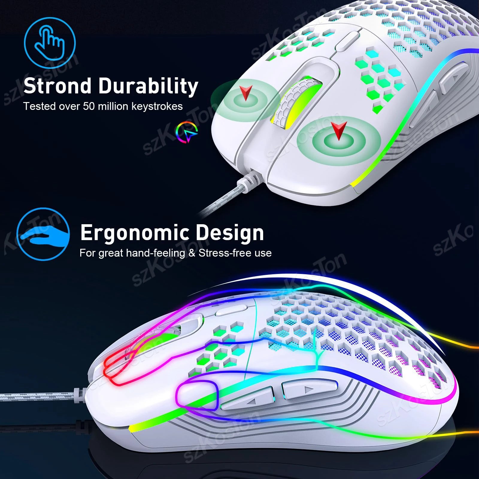 Mouse Gamer con Cable Honeycomb, Retroiluminación RGB, 7200 DPI Ajustables, Ergonómico, USB, para PC con Windows y Gamers de Laptop