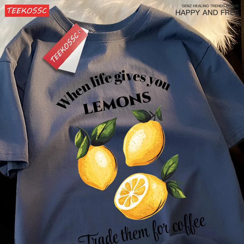 Cuando la vida te donne limones comerciamos tiene café impresiones Retro mujer Camiseta de algodón de moda ropa de Hip Hop suelta Unisex Top