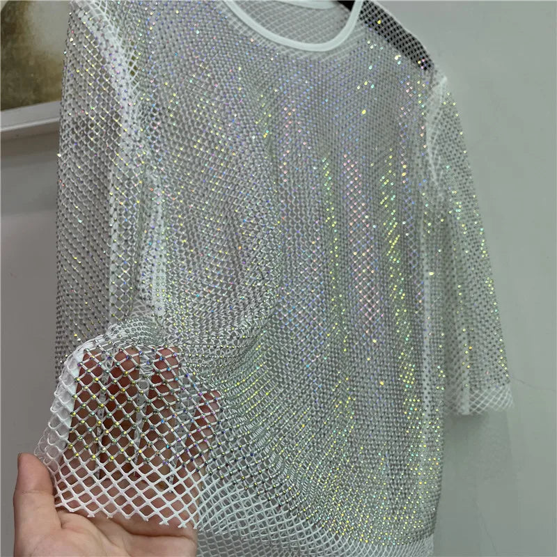 ColorShiny Diamonds-Camiseta básica de sílabas eléctricas para mujer, Top ajustado de cristal con cuello redondo, media manga, Sexy, para fiesta y Club