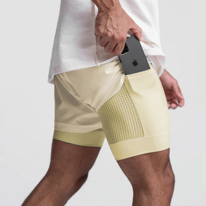 2025 nuevos pantalones cortos deportivos transpirables de doble capa gimnasios Fitness culturismo entrenamiento playa de secado rápido 2 en 1 pantalones cortos para correr para hombre