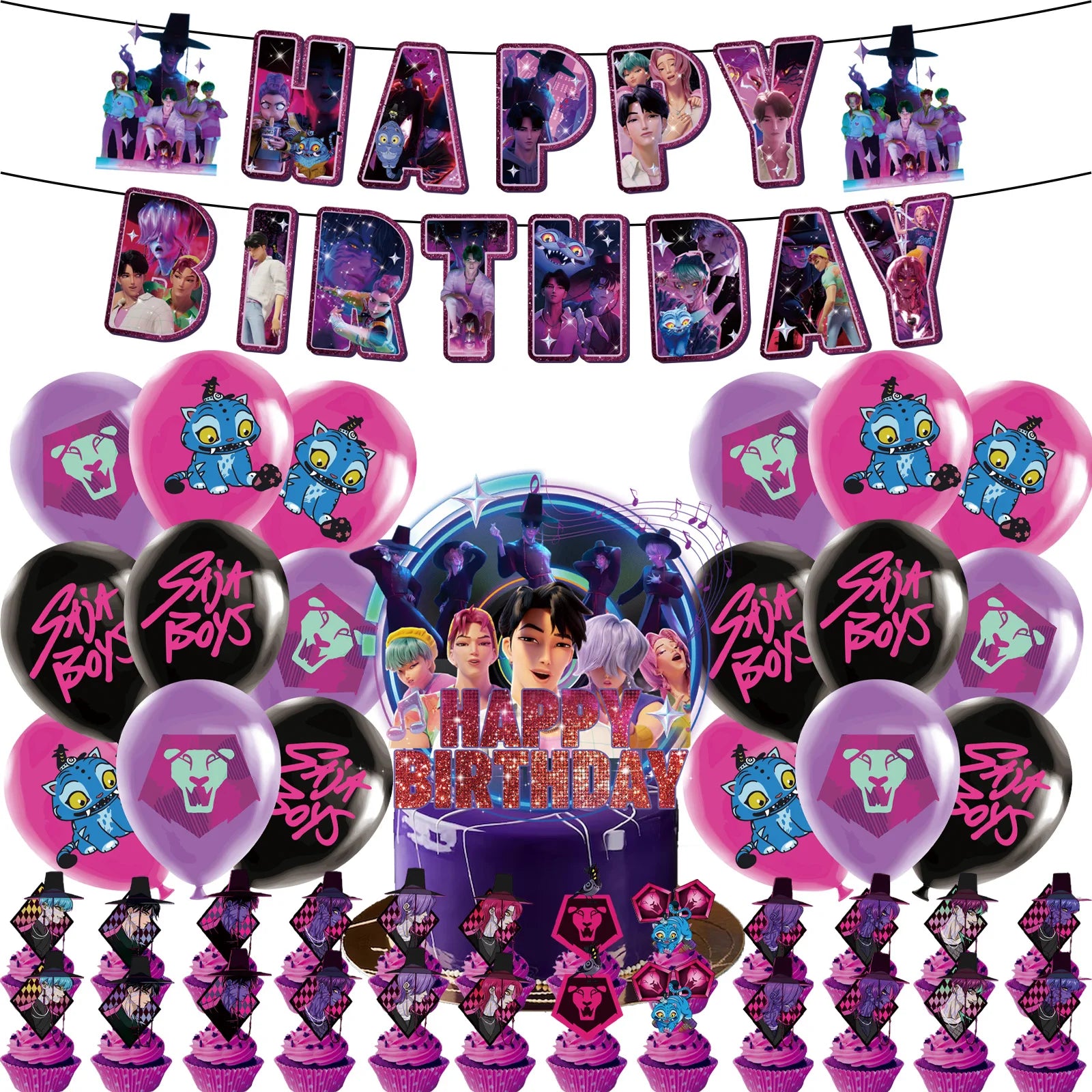 Vajilla desechable para fiesta temática de cazadores de demonios k-pop, plato con bandera de cazador, globo, decoración de cazadores, suministros para fiesta de cumpleaños