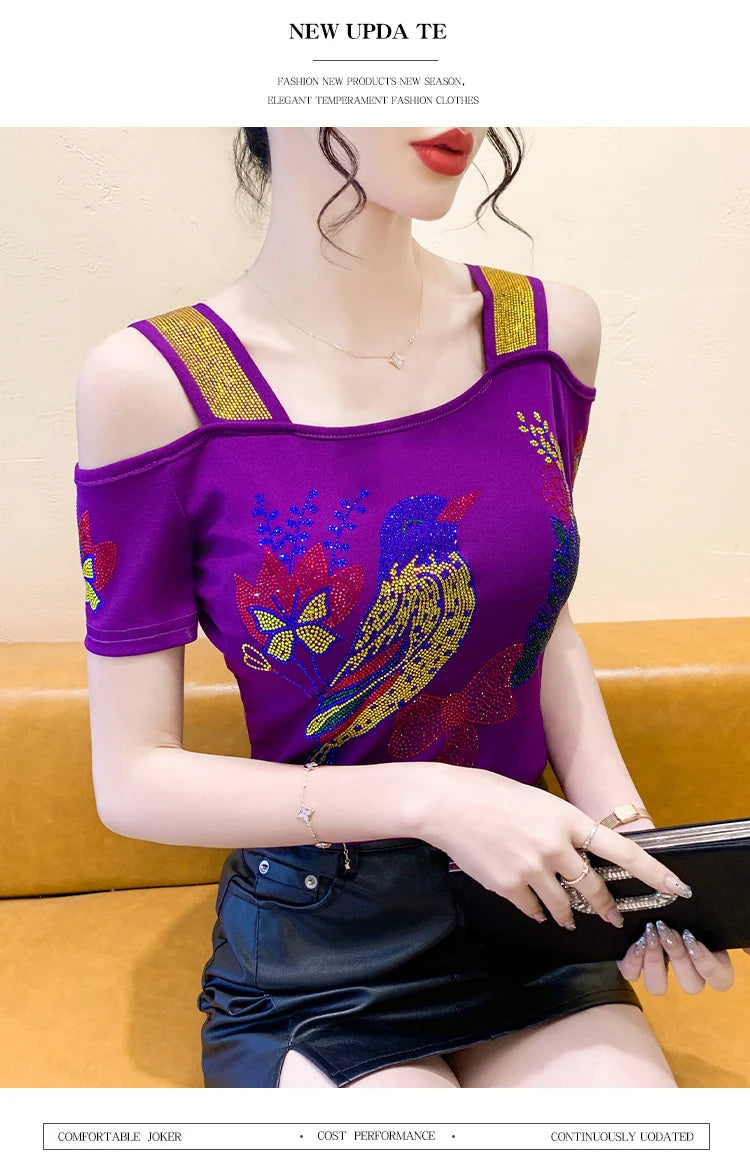 Ropa de calle europea, camiseta de marca para mujer, camisetas ajustadas de manga corta elegantes con diamantes brillantes para mujer