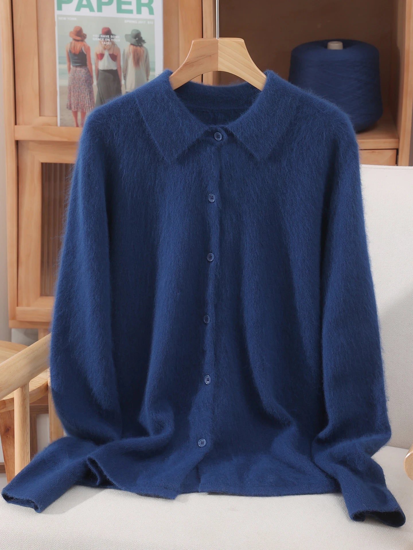 Otoño Invierno mujer 100% suéter de cachemira de visón puro con cuello Peter Pan y botones Preppy coreano Casual tejido de Color sólido