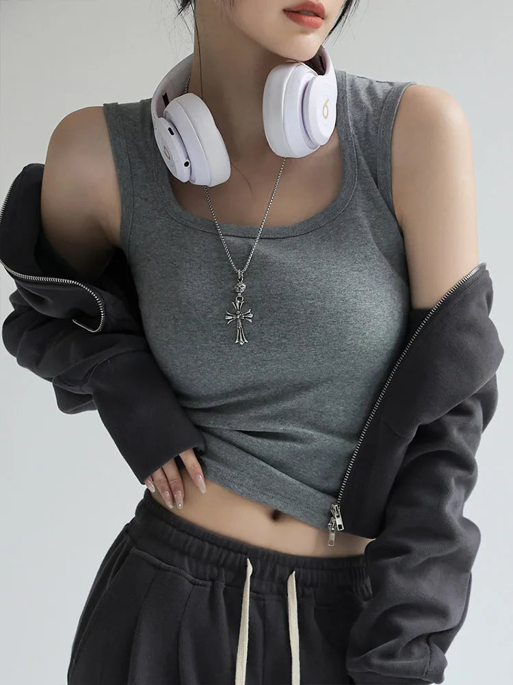 Camiseta sin mangas acanalada con cuello en U para mujer, camisola elástica básica térmica sin mangas, ropa térmica de verano para mujer