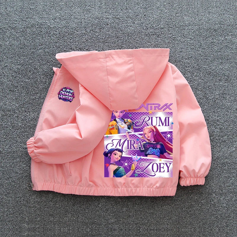 Chaqueta Cortavientos para Niñas Adolescentes K-pop Demon Hunters 2026 Primavera Otoño, Chaqueta con Capucha Estampada de Dibujos Animados, Ropa Exterior Impermeable
