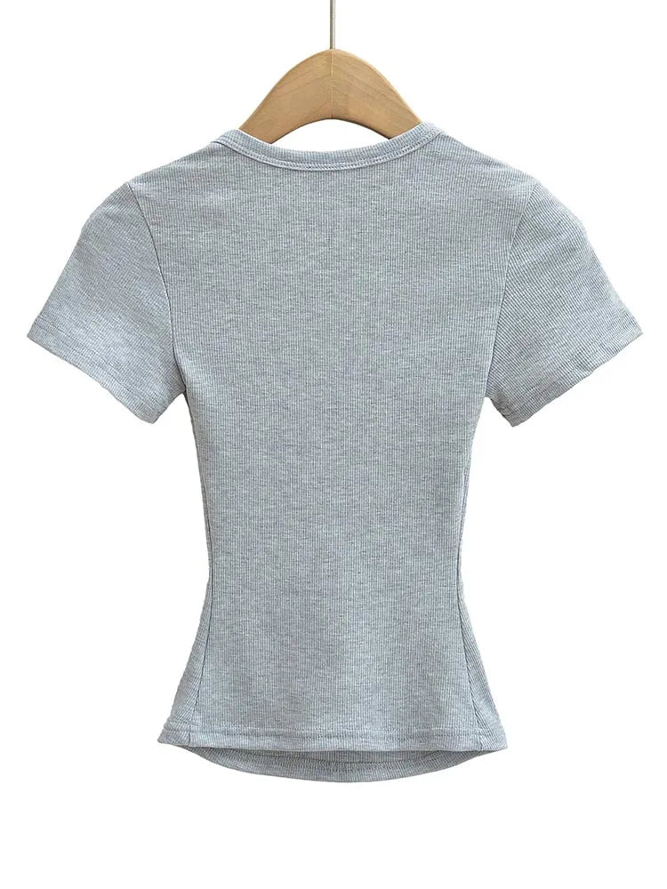 Top corto de alta elasticidad con cuello cuadrado para mujer, top sexy de manga corta, jersey ajustado, camisa básica de verano