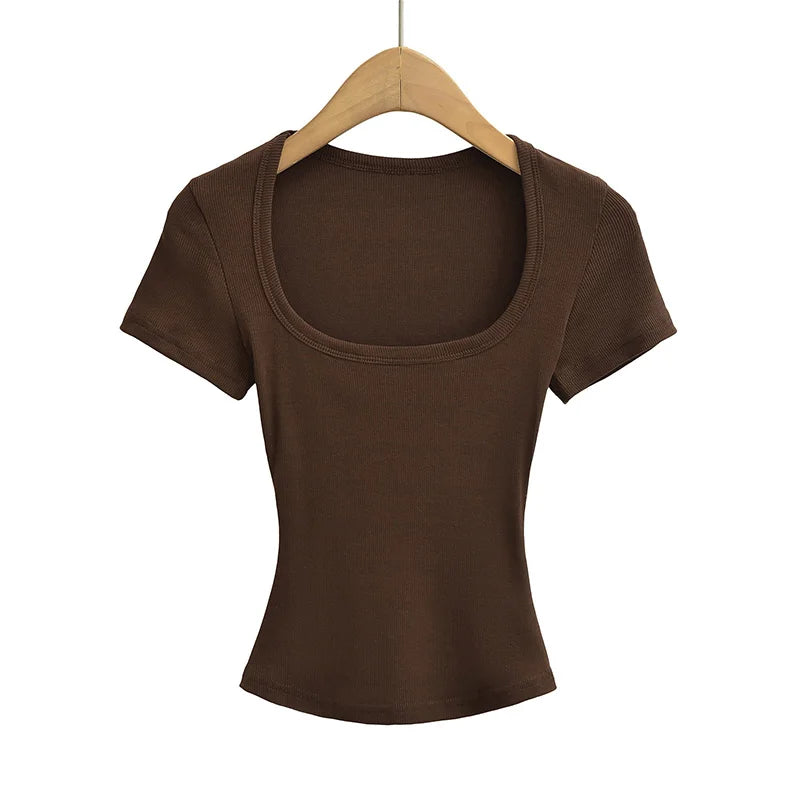 Top corto de alta elasticidad con cuello cuadrado para mujer, top sexy de manga corta, jersey ajustado, camisa básica de verano