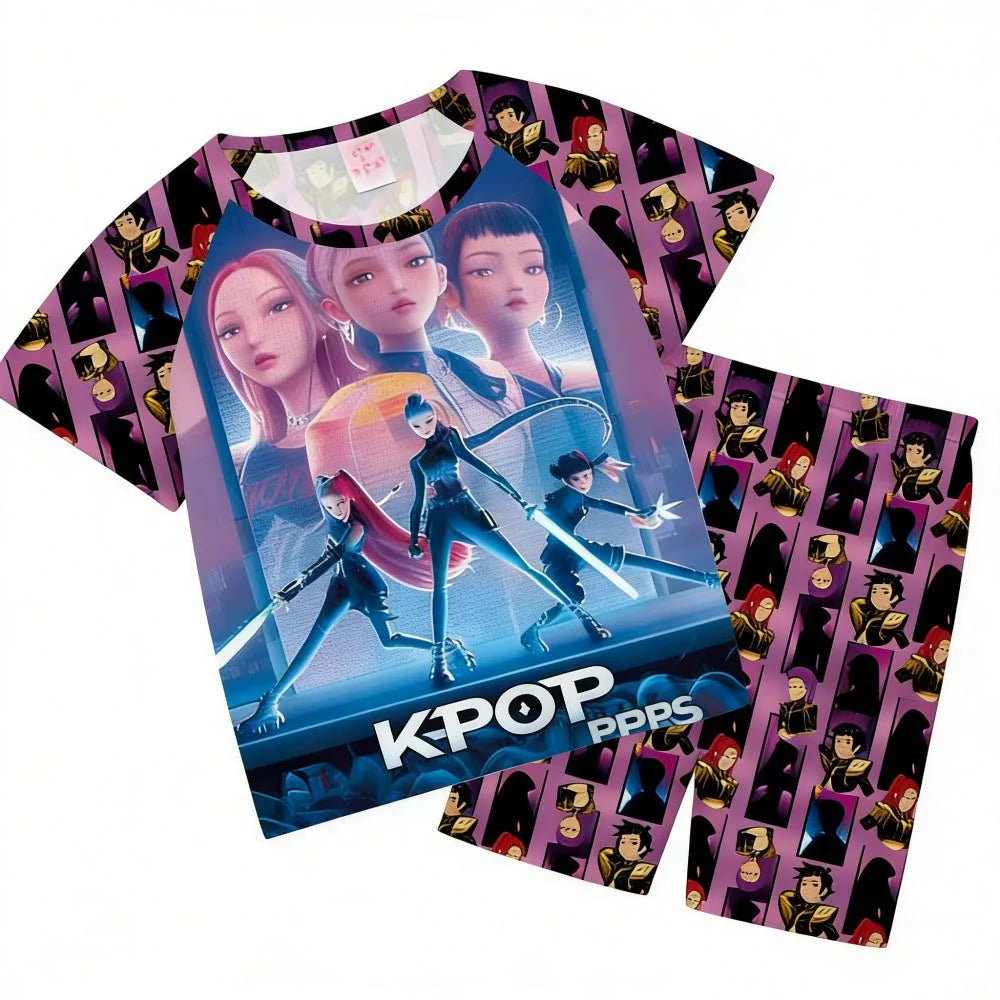 Conjuntos de pijamas para niñas, pijamas de verano para niños pequeños de 3 a 8, 10, 11 y 12 años, Kpop Demon Hunters, camisetas y pantalones cortos, conjunto de pijamas de dos piezas