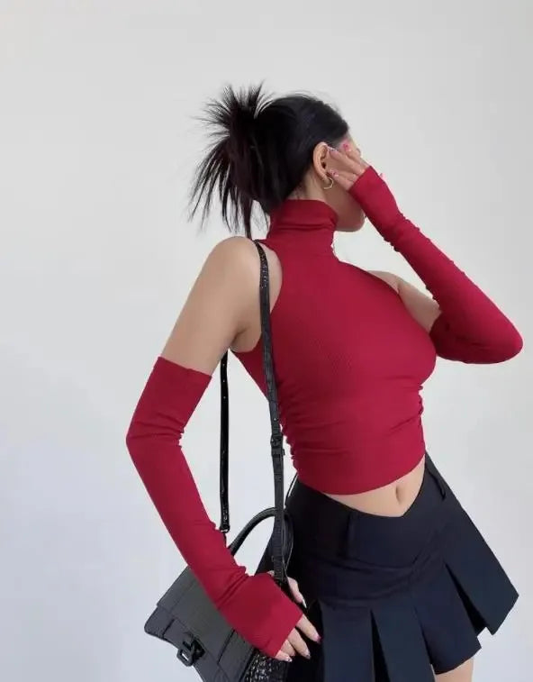 Top sin mangas Sexy para primavera y verano, Top corto plisado con mangas para chica picante y cuello alto, camiseta para mujer, ropa informal ajustada Y2k