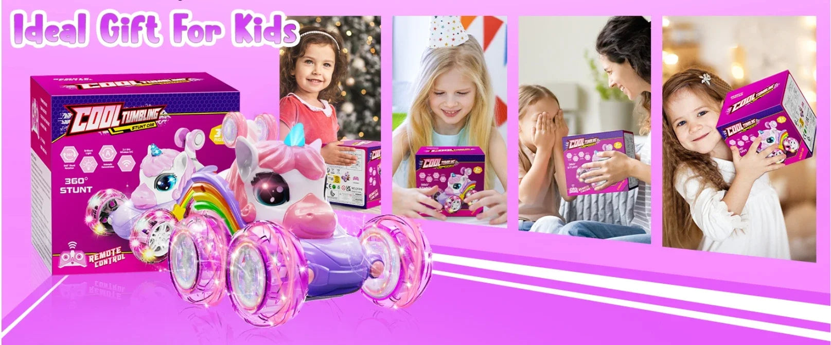 Coche teledirigido unicornio para niñas, 360 °   Coches RC acrobáticos giratorios 4WD con luces lindas, juguetes recargables para niños para regalos de cumpleaños