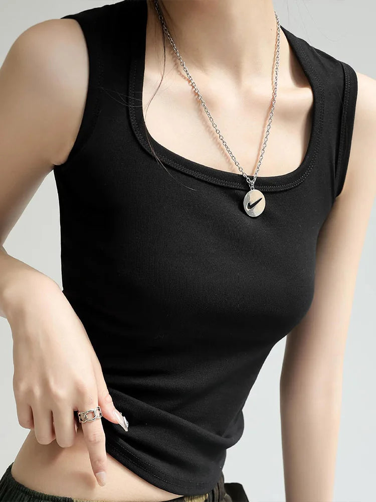 Camiseta sin mangas acanalada con cuello en U para mujer, camisola elástica básica térmica sin mangas, ropa térmica de verano para mujer