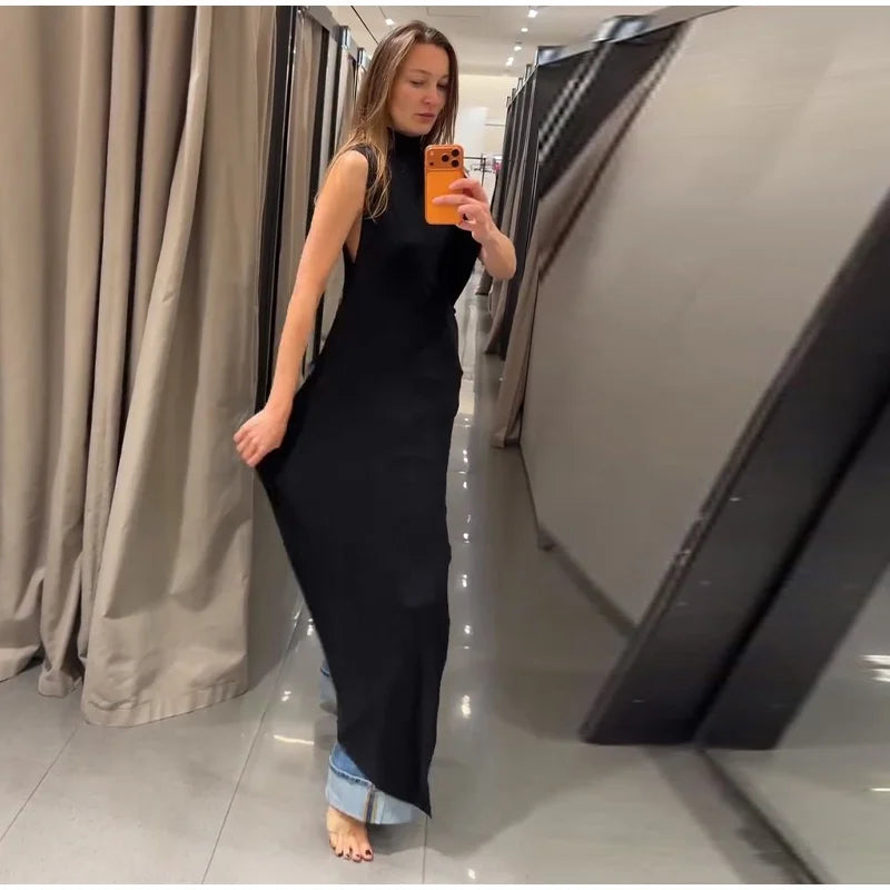 Vestido sin mangas con cuello colgante para mujer, vestido liso de satén con espalda descubierta, vestidos informales de oficina con tirantes finos, nueva Suite de primavera 2025