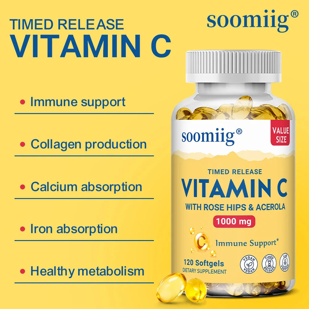 Vitamina C con caderas rosas y acérola |   1000mg |   Función inmune saludable de liberación temporizada en dos etapas, soporte para la piel, el cabello y las uñas |   No OGM