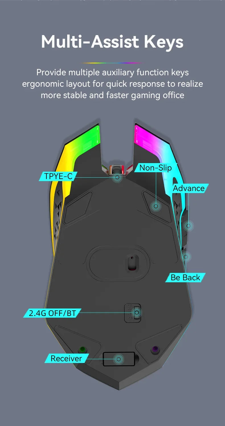 Ratón inalámbrico Bluetooth 5,2 RGB 2,4G, ratón para juegos de modo Dual, ratón silencioso de 6 botones para MacBook, tableta, ordenadores portátiles