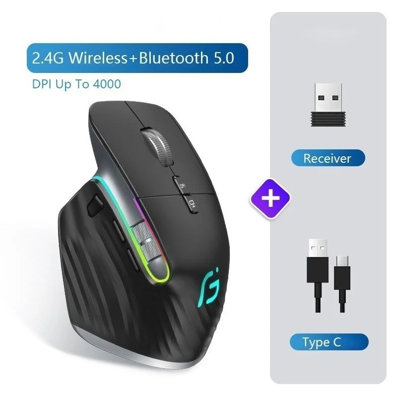 JOMAA-ratón inalámbrico para juegos de ordenador, Mouse negro de 2,4G con Bluetooth, RGB, recargable, diseño ergonómico, para oficina