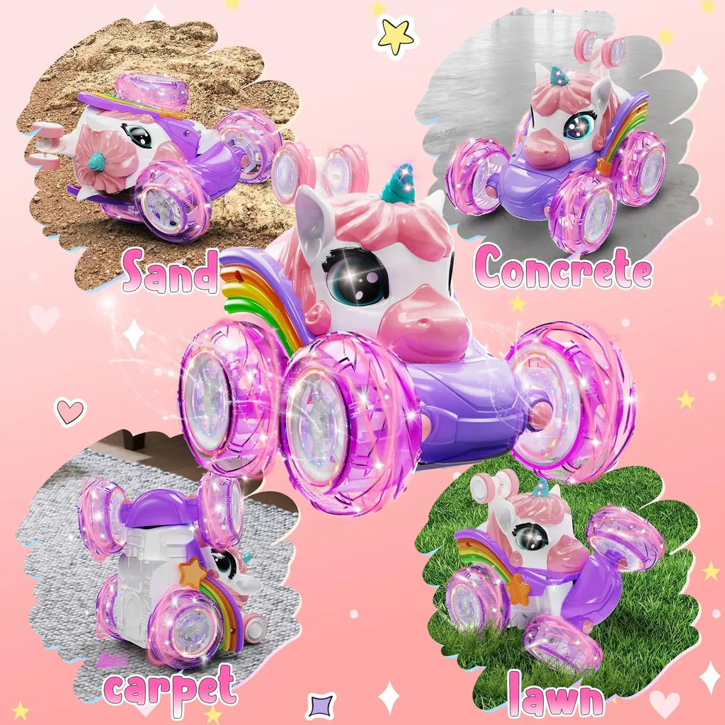 Coche teledirigido unicornio para niñas, 360 °   Coches RC acrobáticos giratorios 4WD con luces lindas, juguetes recargables para niños para regalos de cumpleaños