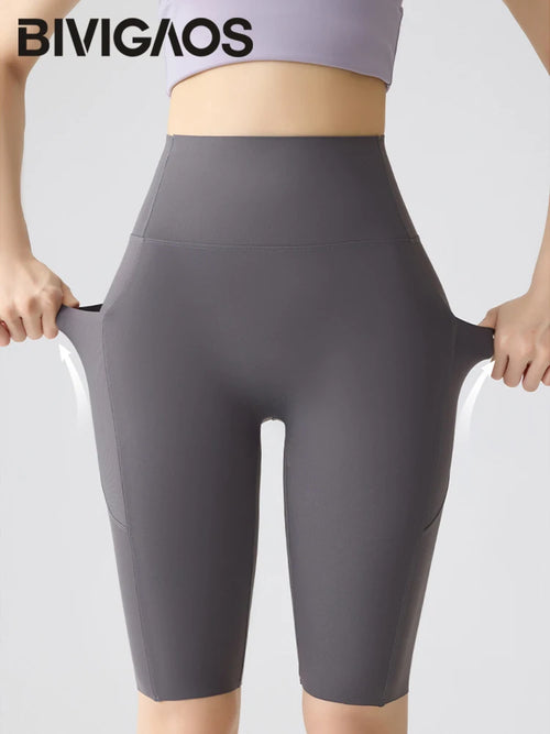 BIVIGAOS, pantalones cortos de verano con bolsillo para Yoga de piel de tiburón para bicicleta, pantalones cortos finos de cintura alta con realce, sensación desnuda, pantalones cortos deportivos para ciclismo y Fitness