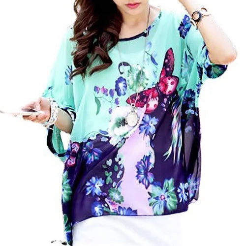 Novedad 2015 de mini vestidos casuales de gasa con estampado de flores para señoras, vestidos estilo bohemio con manga de murciélago en tallas grandes 4XL 5XL 6XL