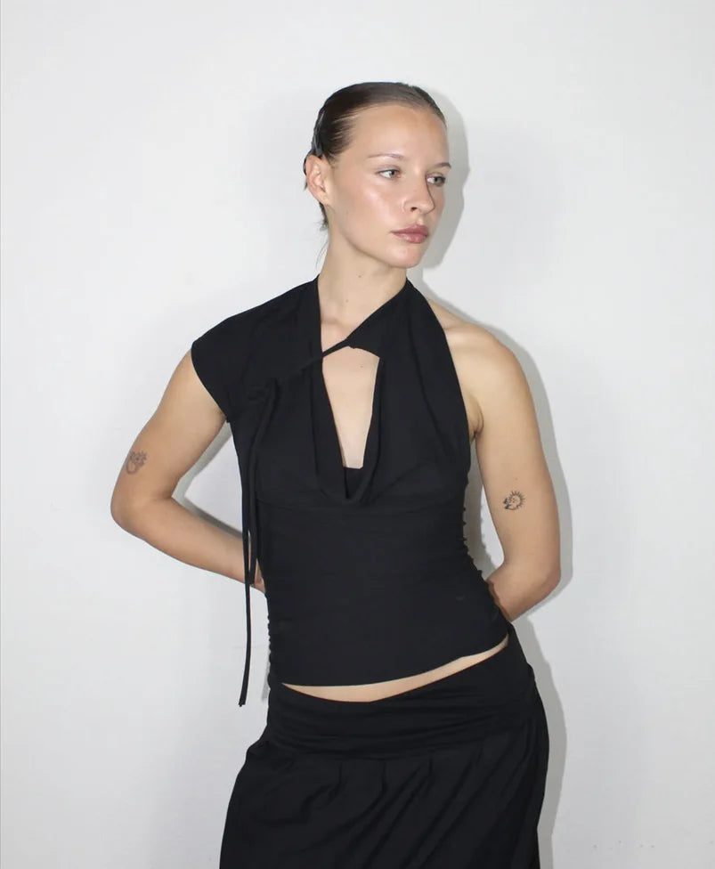 Camisetas sexis con cordones lisos para mujer, camisetas sin mangas con espalda descubierta y cuello Halter elegante, Top corto elástico Y2K para chica joven