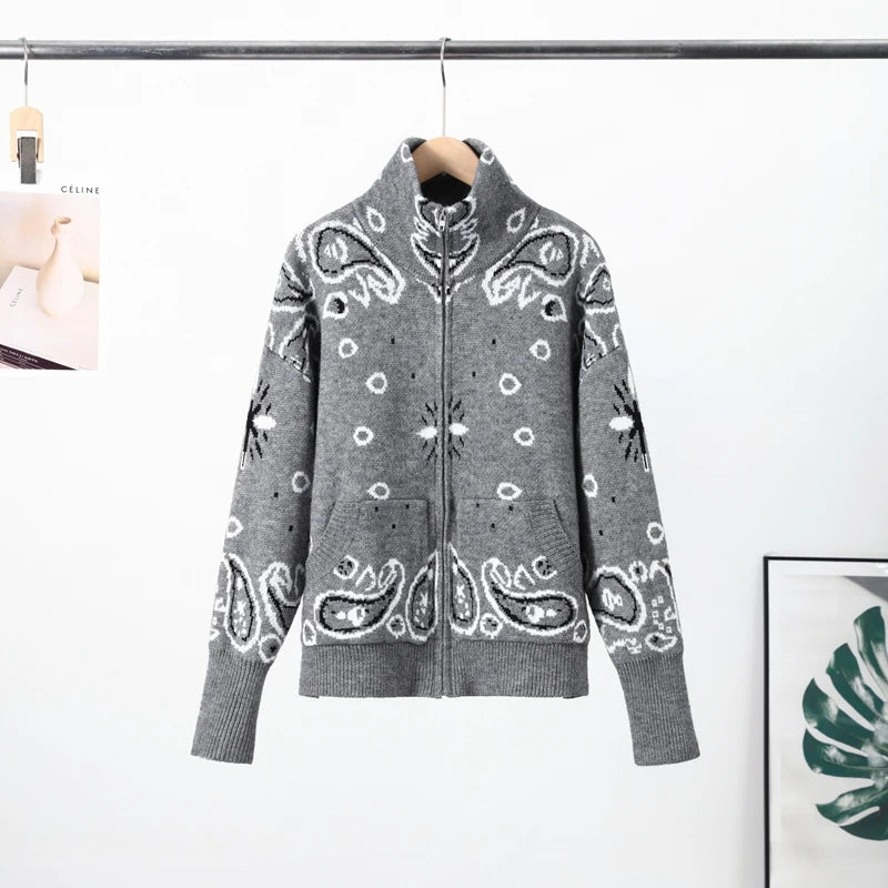 Cárdigan Vintage de punto Jacquard con cuello levantado para mujer, suéter holgado con bolsillos de manga larga y cremallera, prendas de punto suaves para primavera 2026