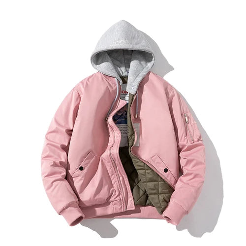 Chaqueta Bomber para hombre y mujer, chaqueta de piloto lisa de otoño e invierno, abrigo de béisbol con capucha Vintage a la moda, cortavientos informal, rojo, rosa, Borgoña