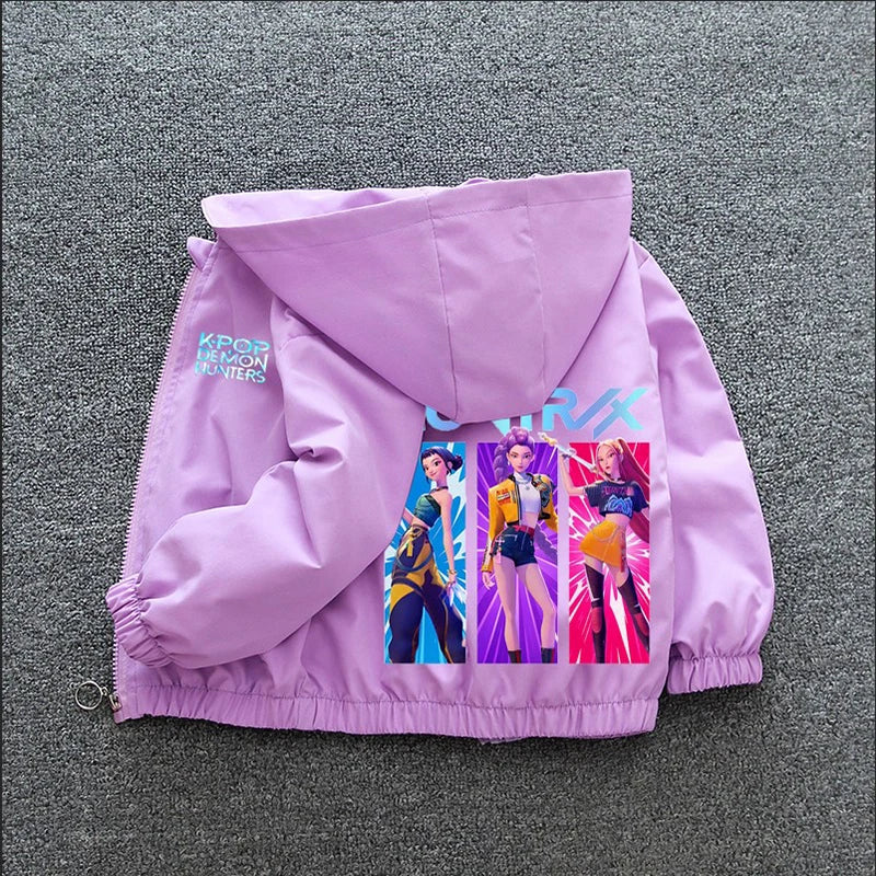 Chaqueta Cortavientos para Niñas Adolescentes K-pop Demon Hunters 2026 Primavera Otoño, Chaqueta con Capucha Estampada de Dibujos Animados, Ropa Exterior Impermeable
