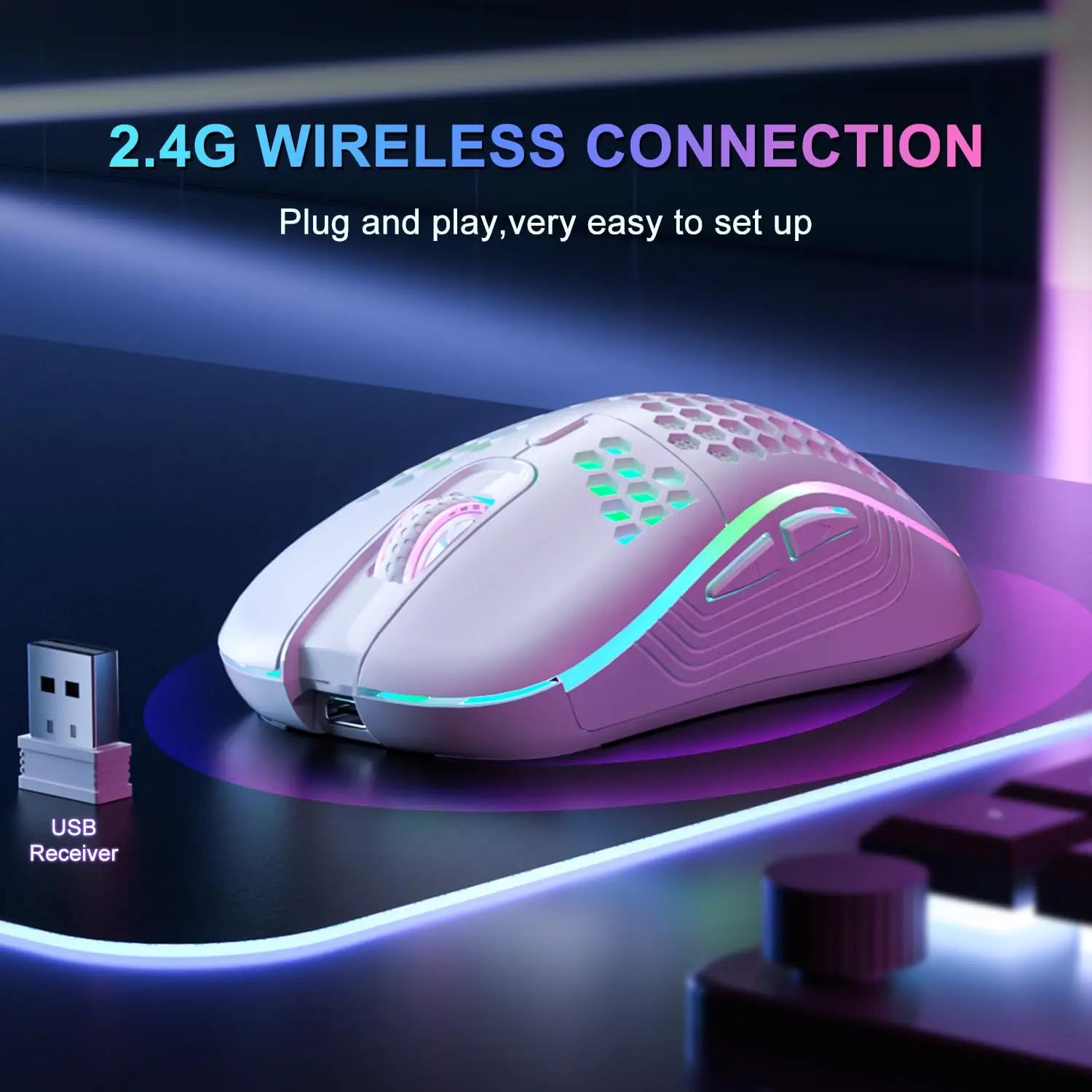 Ratón inalámbrico 2,4G con retroiluminación RGB, 6 botones, 3 velocidades, DPI tipo C, recargable, ergonómico, diseño de panal, ratón para juegos