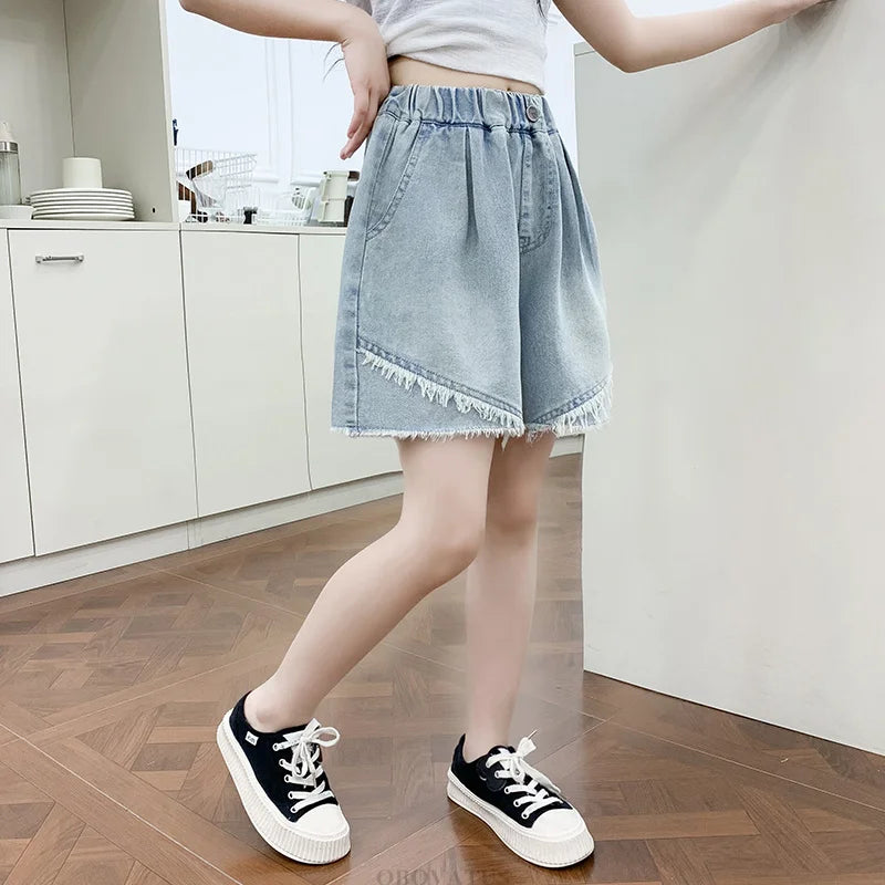 Pantalones cortos de verano a la moda para niñas, pantalones cortos vaqueros informales con corazón, pantalones vaqueros hasta la rodilla para niños de 5 6 7 8 9 10 11 12 13 14 años
