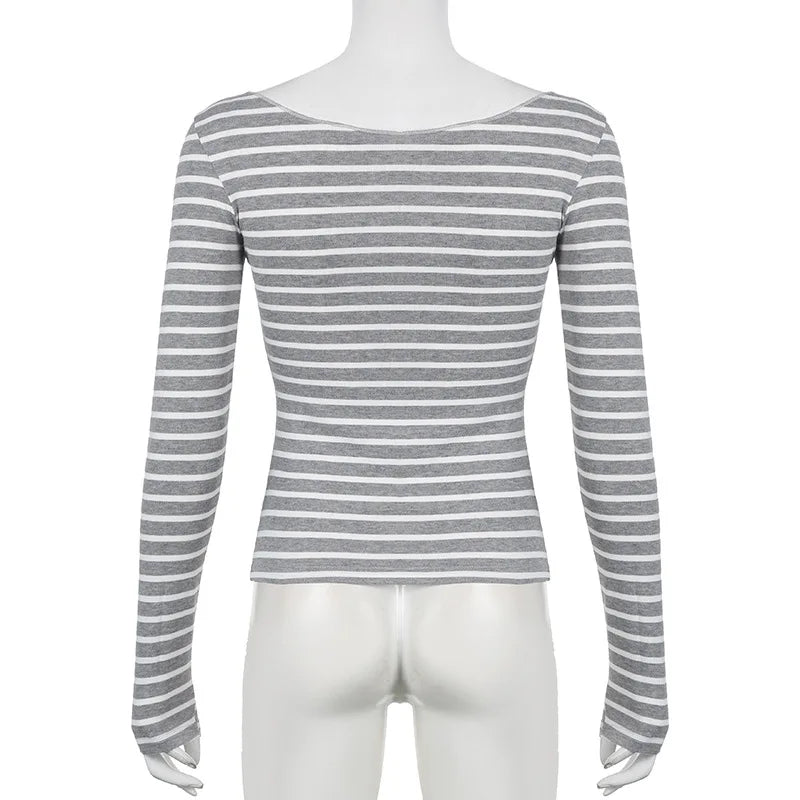 Lamuusaa Grunge Top y2k ropa mujer Cybercore rayas fuera del hombro Camiseta de manga larga 2000s ropa gótica ropa de calle de otoño