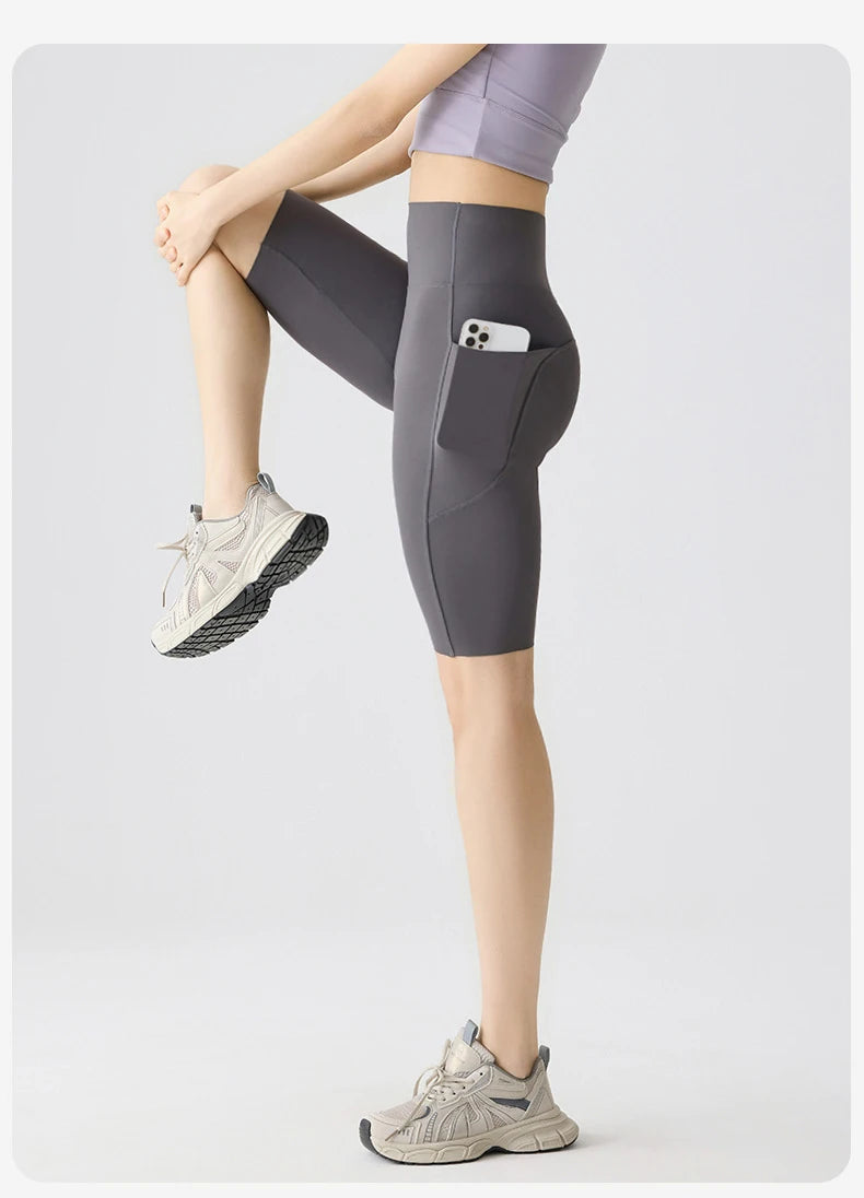 BIVIGAOS, pantalones cortos de verano con bolsillo para Yoga de piel de tiburón para bicicleta, pantalones cortos finos de cintura alta con realce, sensación desnuda, pantalones cortos deportivos para ciclismo y Fitness