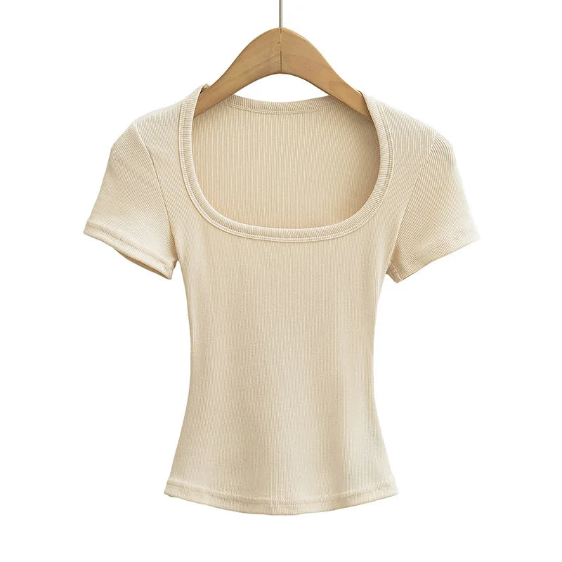 Top corto de alta elasticidad con cuello cuadrado para mujer, top sexy de manga corta, jersey ajustado, camisa básica de verano