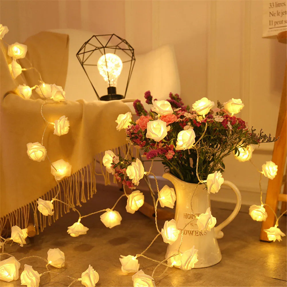 Guirnalda de Luces LED de 3m con 20 Rosas Artificiales, Funciona con Pilas, Decoración para Bodas, Habitaciones, Ramadán, Regalos para el Día de la Madre