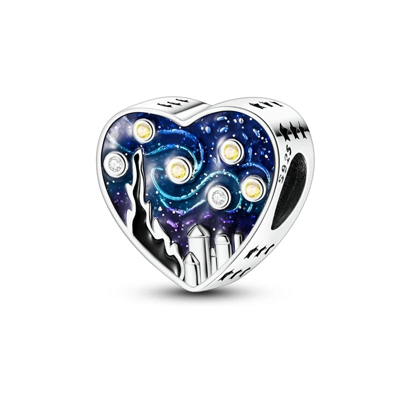 Abalorio de Plata de Ley 925 con Forma de Corazón y Cielo Estrellado, Abalorio Familiar de Madre, Hija e Hermana, Compatible con Pulseras, Colgante, Joyería DIY para Mujer, Regalo