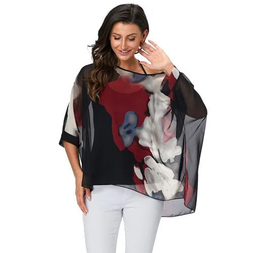 Novedad 2015 de mini vestidos casuales de gasa con estampado de flores para señoras, vestidos estilo bohemio con manga de murciélago en tallas grandes 4XL 5XL 6XL