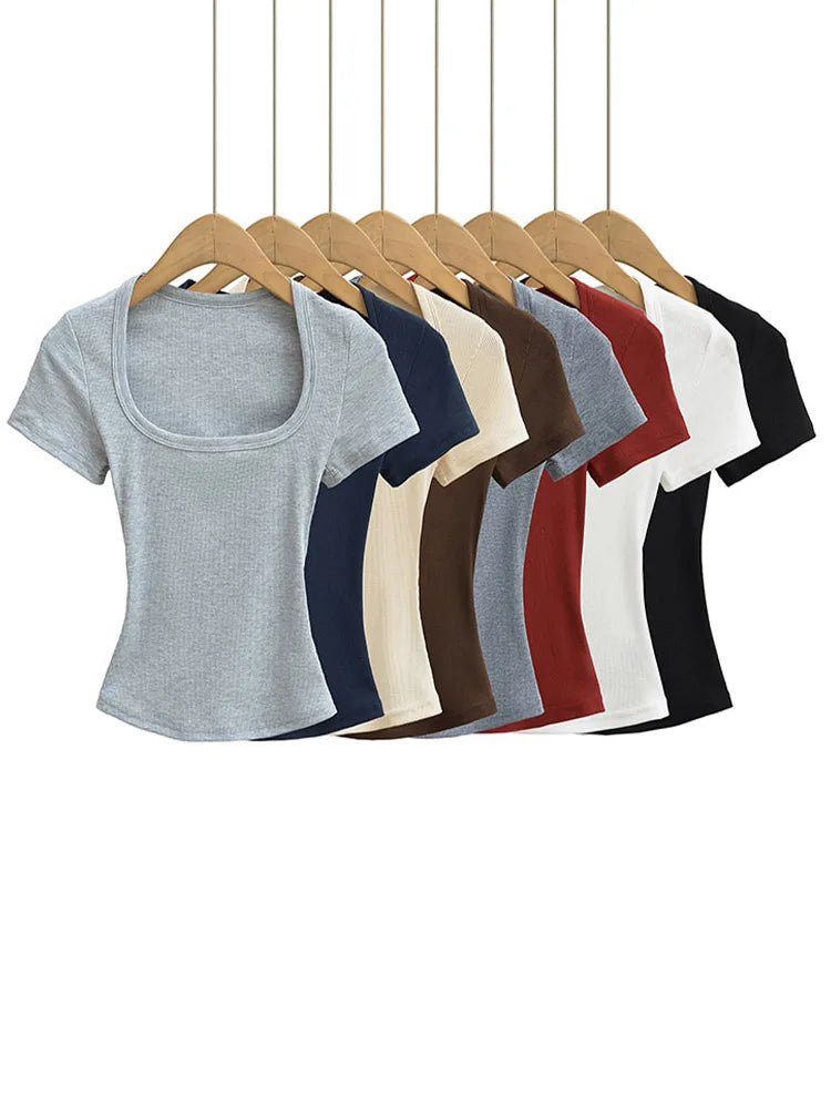 Top corto de alta elasticidad con cuello cuadrado para mujer, top sexy de manga corta, jersey ajustado, camisa básica de verano