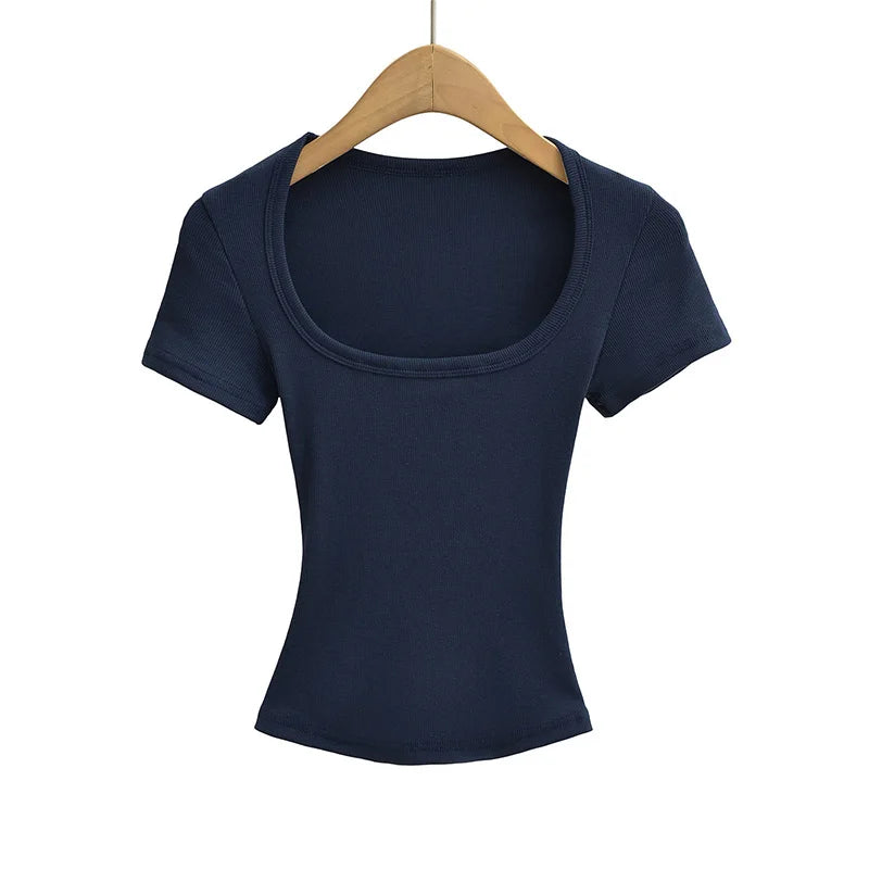 Top corto de alta elasticidad con cuello cuadrado para mujer, top sexy de manga corta, jersey ajustado, camisa básica de verano