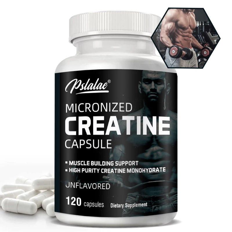 Polvo de creatina micronizada (5000 mg) Polvo de monohidrato de creatina, sin sabor, acariable cetogénico, sin OGM 120 cápsulas