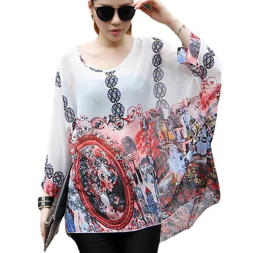Novedad 2015 de mini vestidos casuales de gasa con estampado de flores para señoras, vestidos estilo bohemio con manga de murciélago en tallas grandes 4XL 5XL 6XL