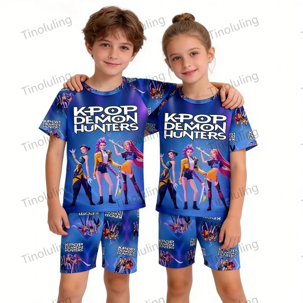 Conjuntos de pijamas para niñas, pijamas de verano para niños pequeños de 3 a 8, 10, 11 y 12 años, Kpop Demon Hunters, camisetas y pantalones cortos, conjunto de pijamas de dos piezas