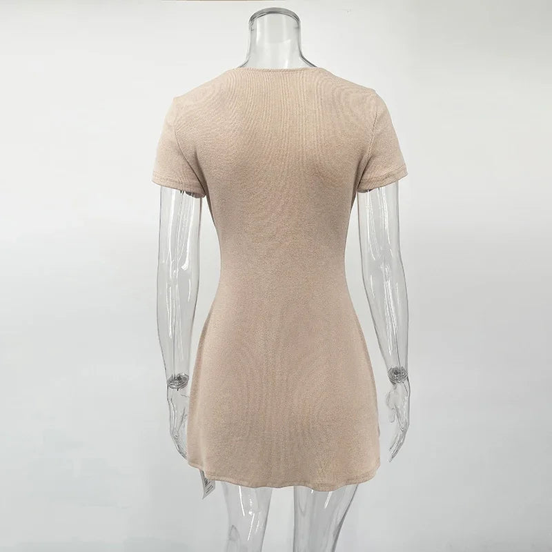 Vestido Mini de Punto Tornova para Mujer, Cuello en V, Botones, Elegante, Manga Corta, Alta Elasticidad, Casual, Verano 2026