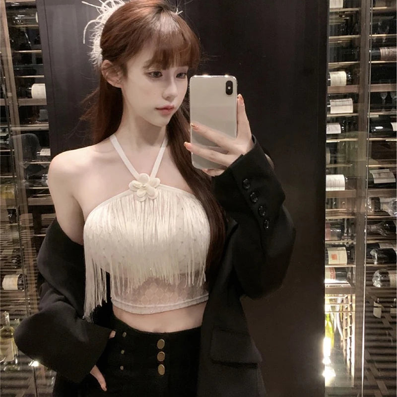 Camisola Sexy con cuello Halter y borlas para mujer, camiseta sin mangas ajustada de Color sólido