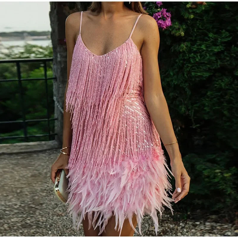 2025 nuevo Sexy borla lentejuelas pluma Mini vestido mujeres Spaghetti Strap costura vestidos mujer elegante vestido de fiesta de noche Club