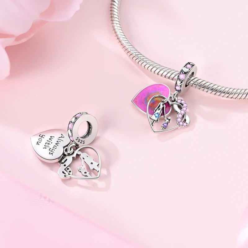 Abalorio de Plata de Ley 925 con Forma de Corazón y Cielo Estrellado, Abalorio Familiar de Madre, Hija e Hermana, Compatible con Pulseras, Colgante, Joyería DIY para Mujer, Regalo